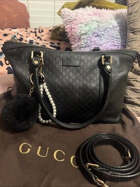 Gucci Black Embossed Leather Shoulder Bag with Gold Hardware